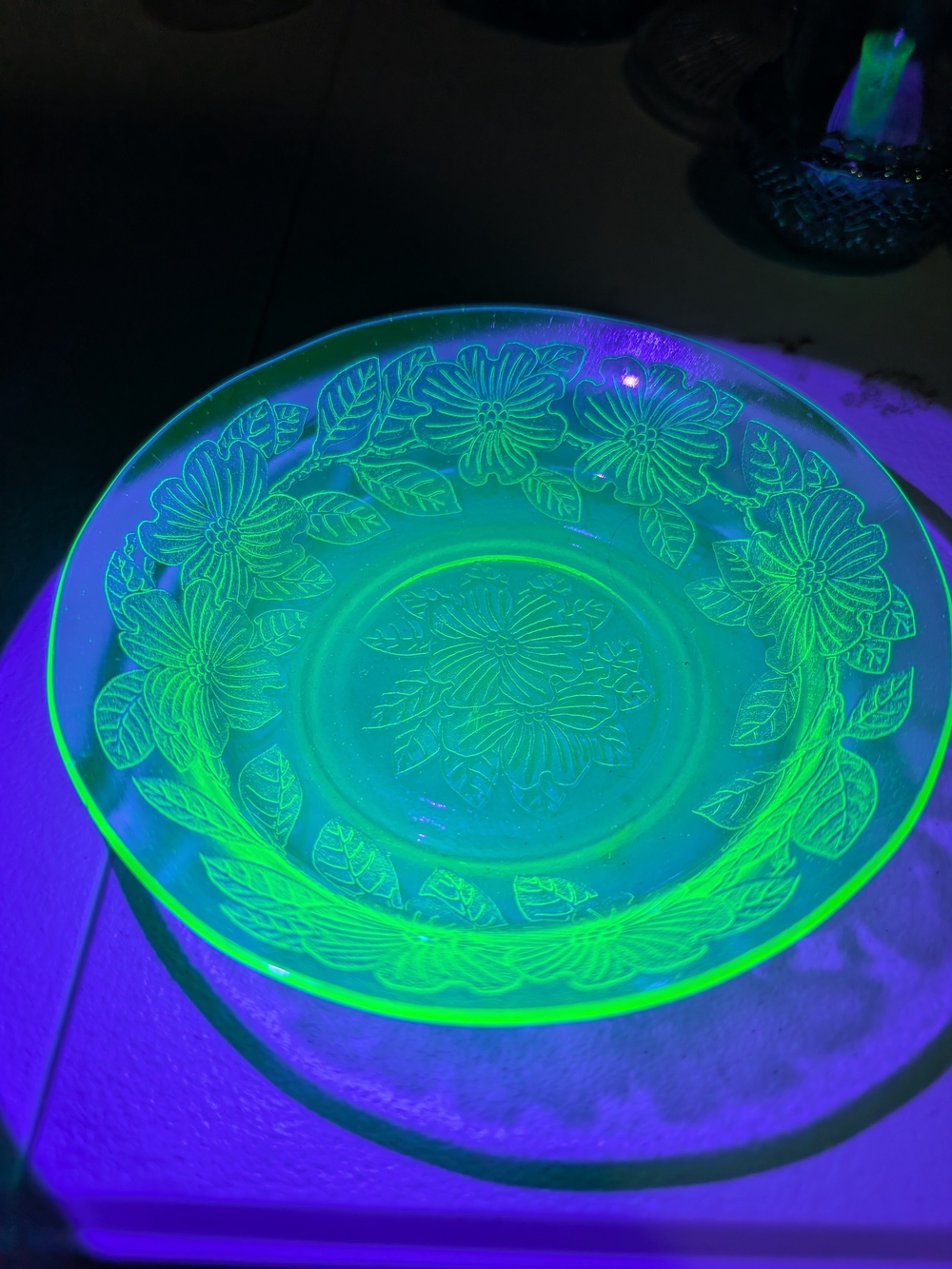 Uranium Glass Floral Etched Decorative Plate - Green
